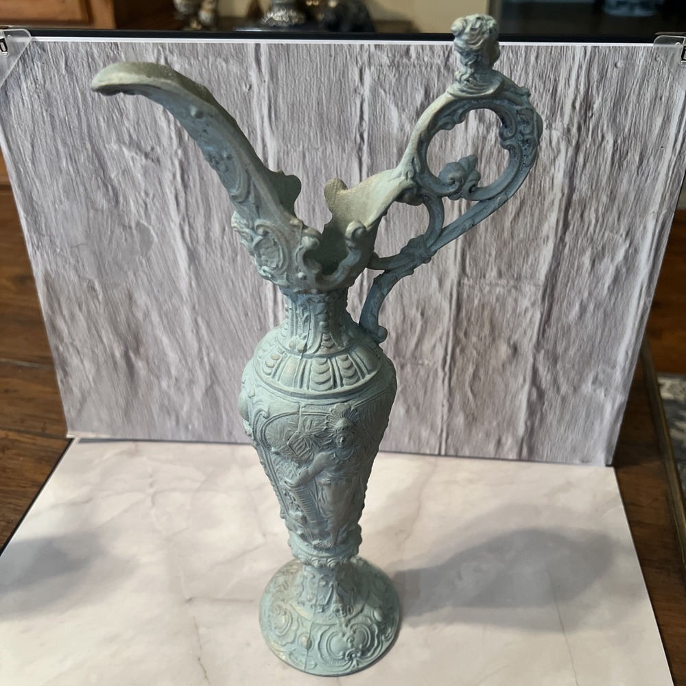 VTG Italian Ornate Ewer Vase – Rococo Revival Cast Metal with Verdigris Finish